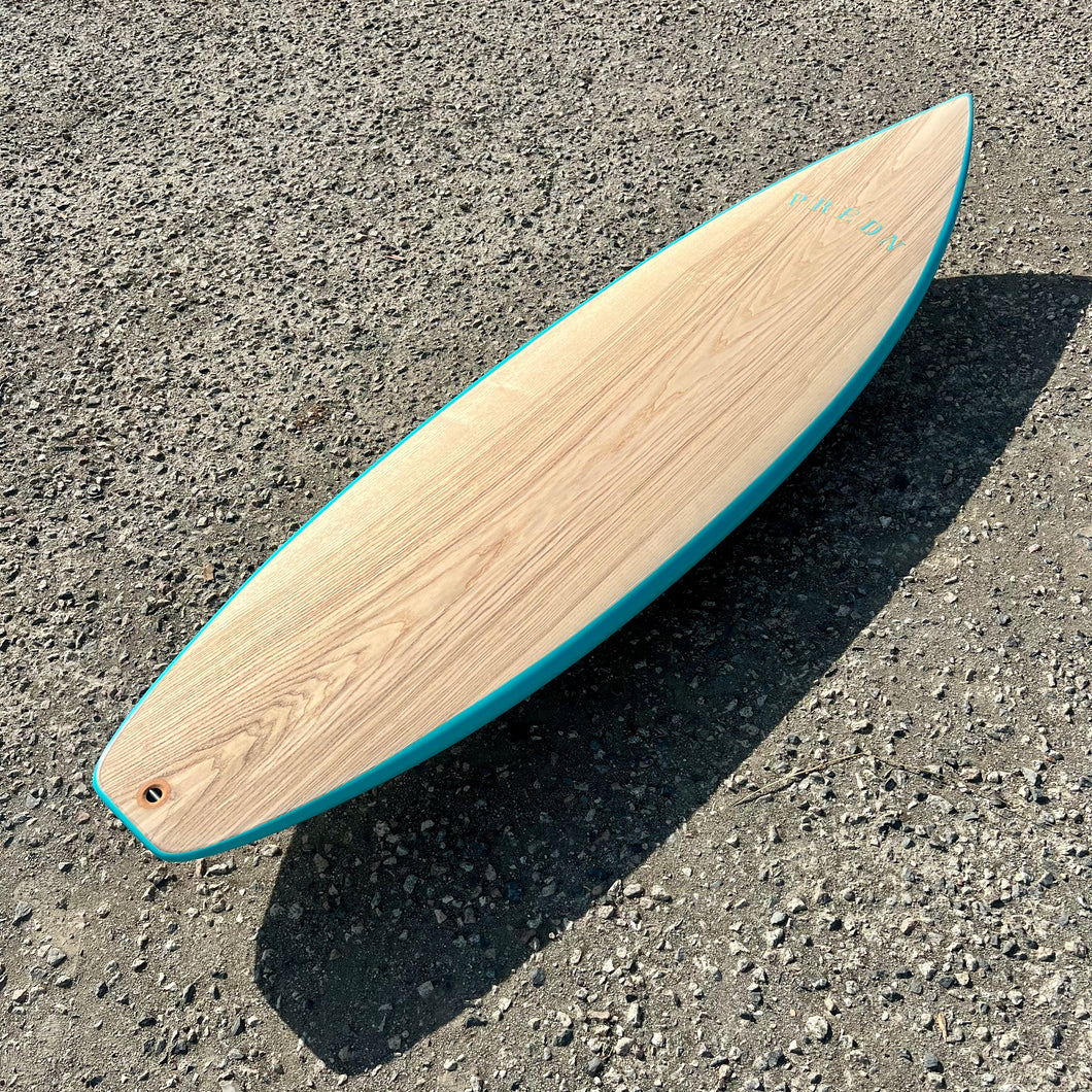 Predn Surf Co - Mor Lader (Pirate) bare oak deck shortboard - Sustainably built performance surfboards - North Cornwall